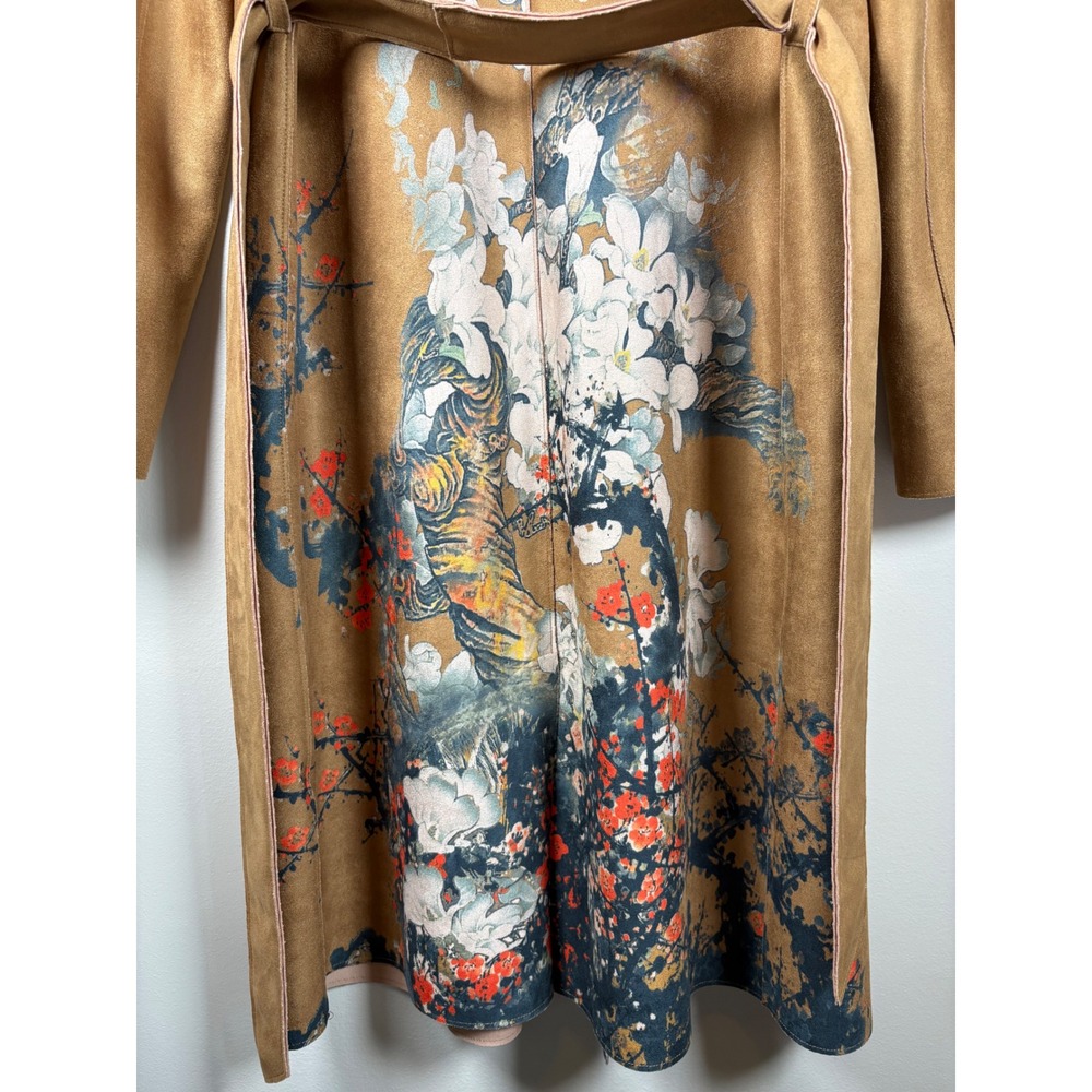 Chico's Scuba Suede Trench Coat Floral Tiger Print Brown Size 00 XS New Artsy - Picture 3 of 16